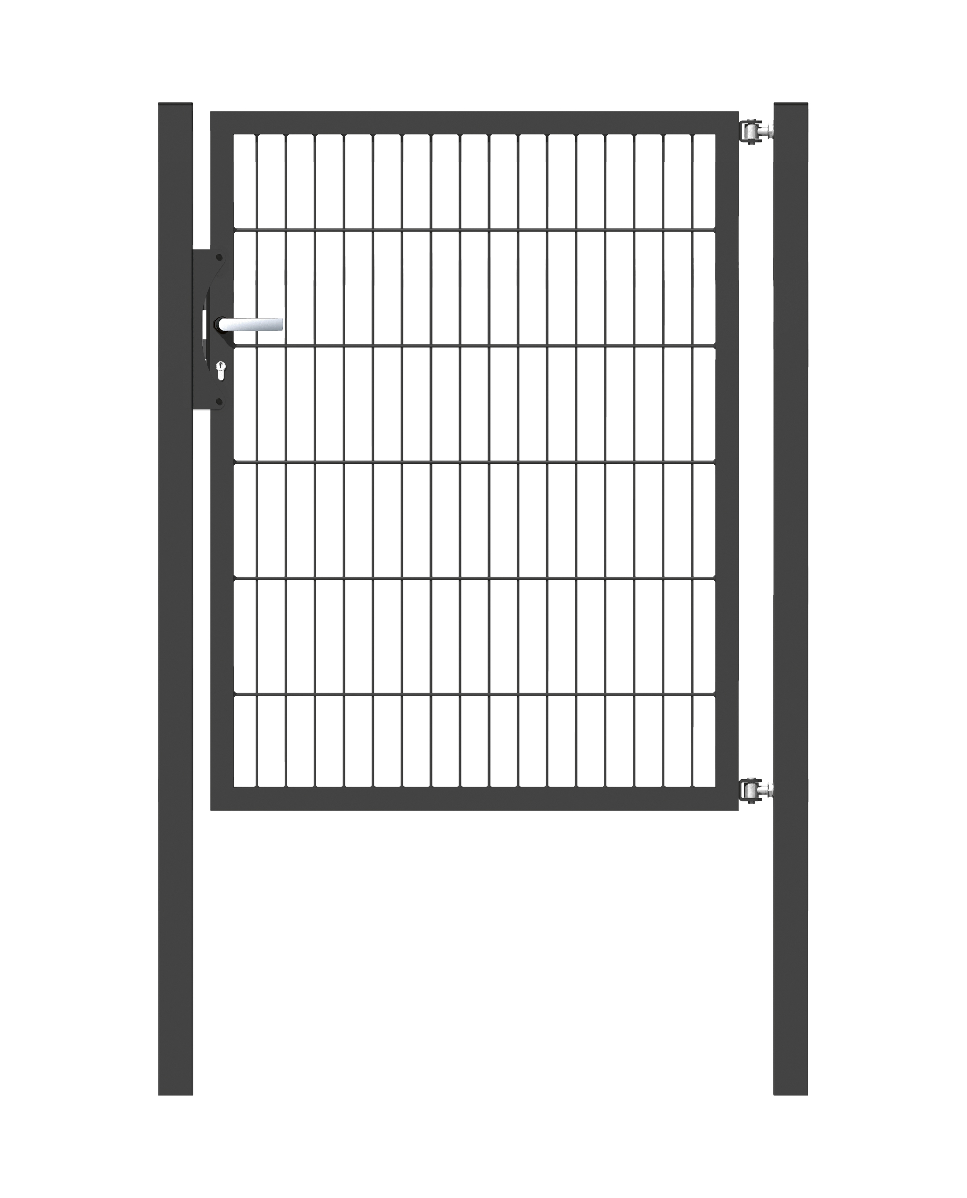 Single gate Flexo, type 6/5/6, Material: raw steel, Surface: hot-dip galvanised, anthracite powder-coated RAL 7016, for setting in concrete, Nominal width: 1000 mm, Clear width: 1000 mm, Clearance width: 886 mm, Height: 1200 mm, Post length: 1700 mm, Post thickness: 60 x 60 mm, Frame width: 910 mm, Frame thickness: 40 x 40 mm, Mesh width: 50 x 200 mm, 15-year warranty against rusting through