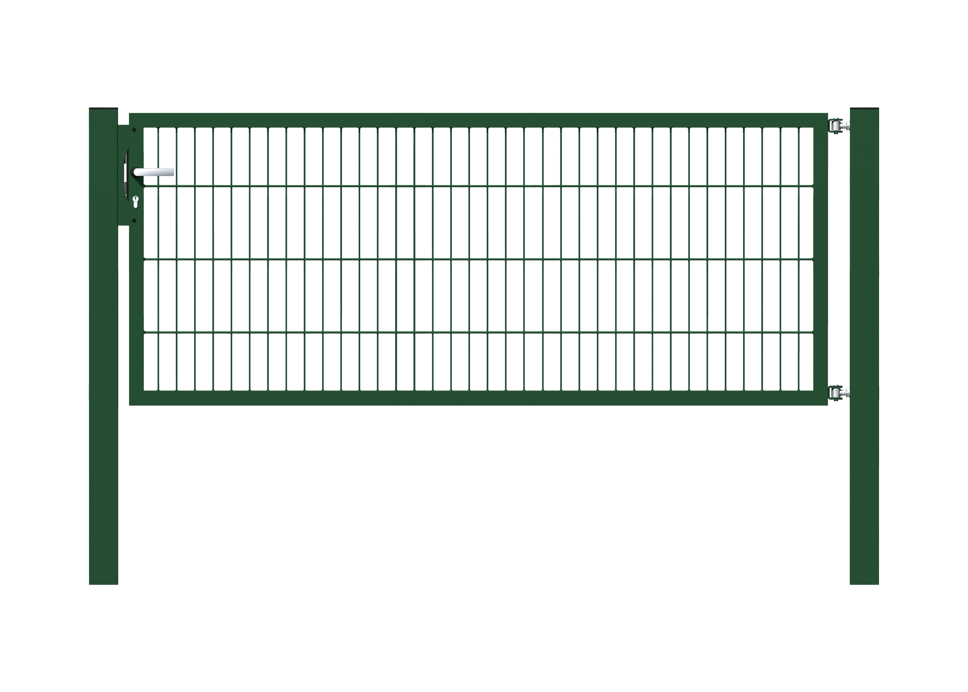 Cancello a un’anta Flexo, tipo 6/5/6, Materiale: acciaio grezzo, superficie: zincata a caldo, plastificata nero opaco RAL 9005, Larghezza nominale: 2000 mm, larghezza netta: 2015 mm, Larghezza totale: 1901 mm, altezza: 800 mm, Lunghezza pilastro: 1500 mm, Spessore pilastro: 80 x 80 mm, Larghezza del telaio: 1925 mm, Spessore telaio: 40 x 40 mm, larghezza delle maglie: 50 x 200 mm, 15 anni di garanzia contro la formazione di ruggine