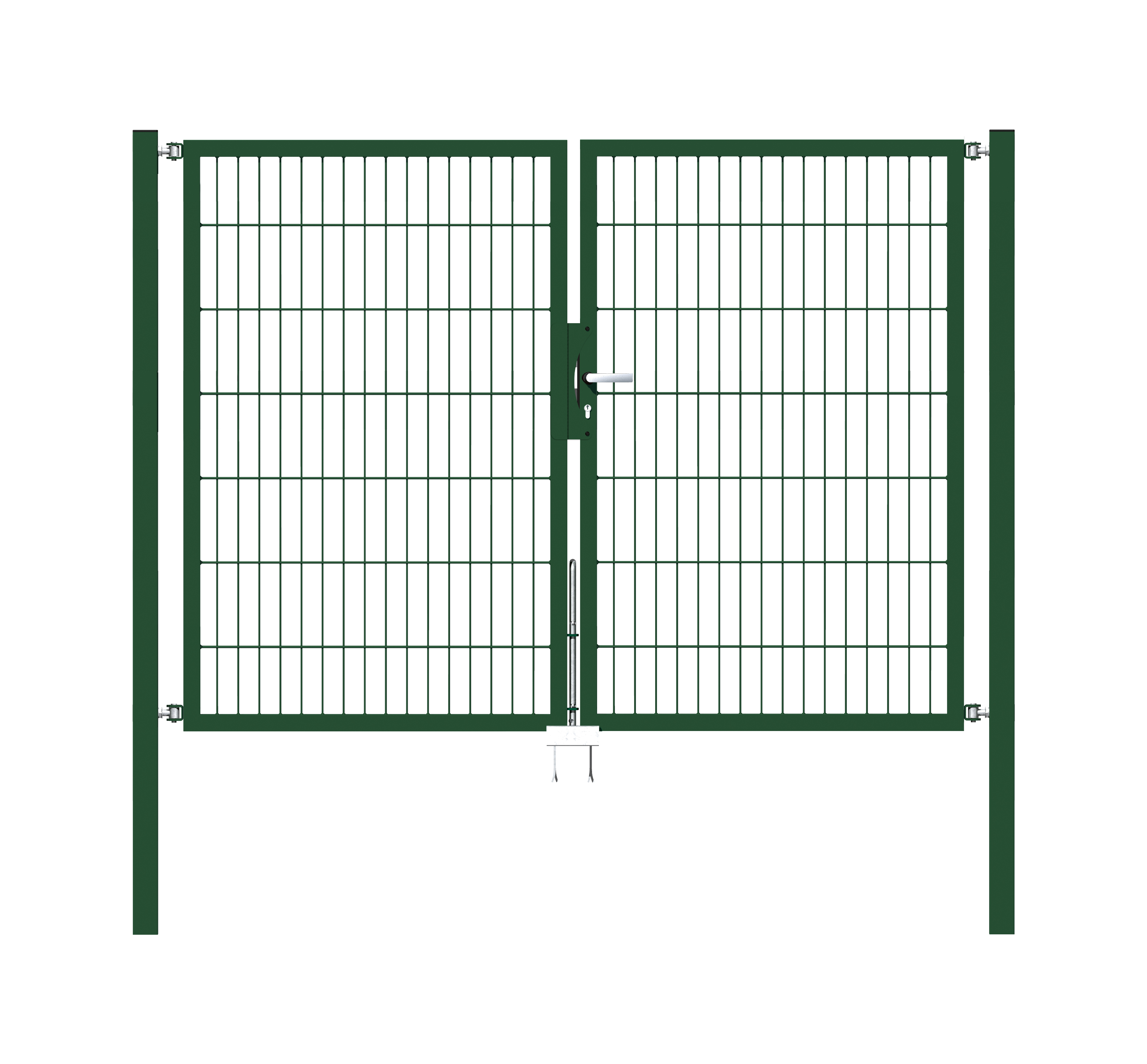 Cancello a due ante Flexo, tipo 6/5/6, Materiale: acciaio grezzo, superficie: zincata a caldo, plastificata nero opaco RAL 9005, da cementare, Larghezza nominale: 2000 mm, larghezza netta: 1970 mm, Larghezza totale: 1854 mm, Larghezza anta di cancello: 910 mm, Larghezza seconda anta di cancello: 910 mm, altezza: 1400 mm, Lunghezza pilastro: 1900 mm, Spessore pilastro: 60 x 60 mm, Spessore telaio: 40 x 40 mm, larghezza delle maglie: 50 x 200 mm, Suddivisione larghezza cancello: diviso al centro, 15 anni di garanzia contro la formazione di ruggine