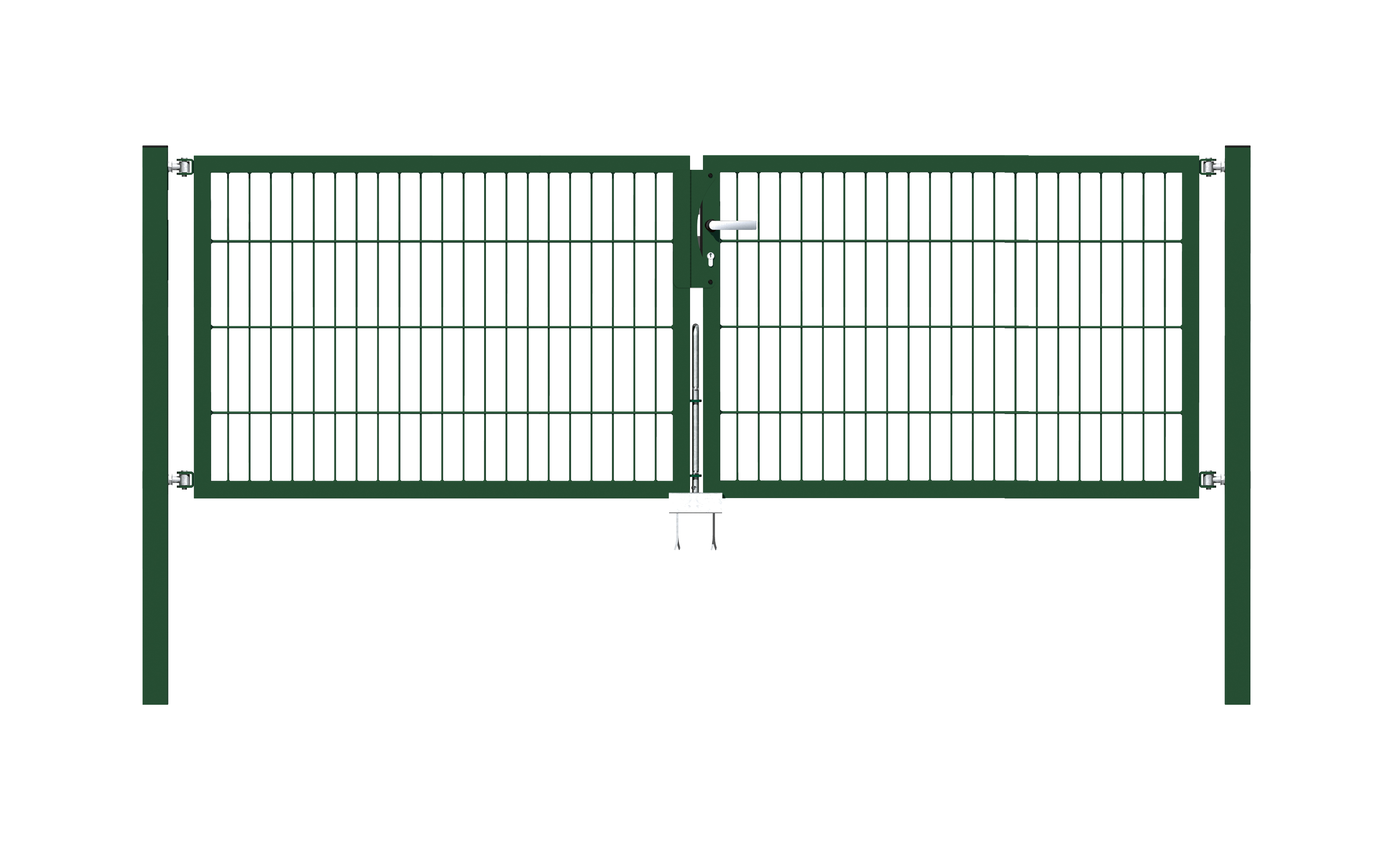 Cancello a due ante Flexo, tipo 6/5/6, Materiale: acciaio grezzo, superficie: zincata a caldo, plastificata nero opaco RAL 9005, da cementare, Larghezza nominale: 2500 mm, larghezza netta: 2500 mm, Larghezza totale: 2384 mm, Larghezza anta di cancello: 1175 mm, Larghezza seconda anta di cancello: 1175 mm, altezza: 800 mm, Lunghezza pilastro: 1300 mm, Spessore pilastro: 60 x 60 mm, Spessore telaio: 40 x 40 mm, larghezza delle maglie: 50 x 200 mm, Suddivisione larghezza cancello: diviso al centro, 15 anni di garanzia contro la formazione di ruggine