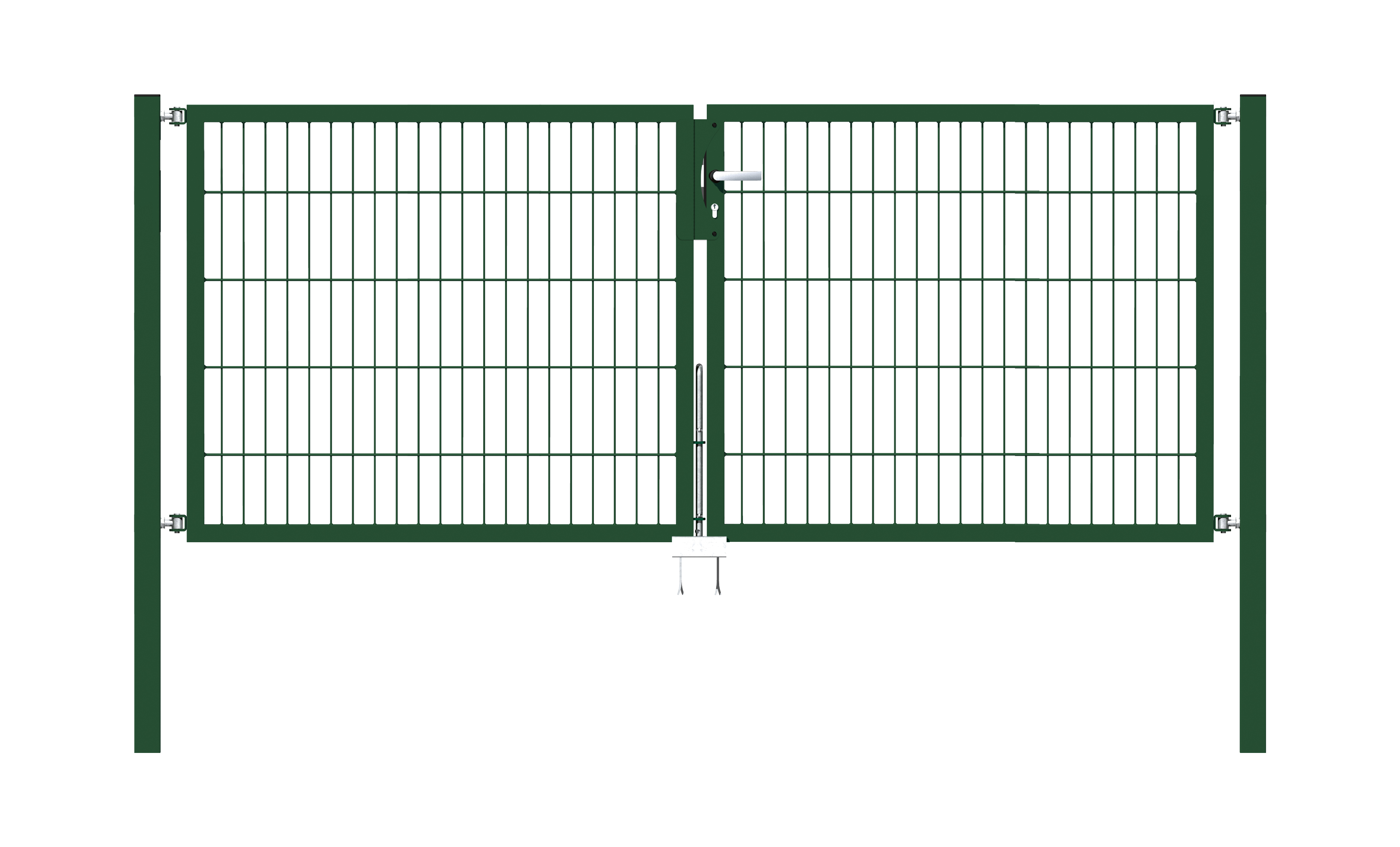 Cancello a due ante Flexo, tipo 6/5/6, Materiale: acciaio grezzo, superficie: zincata a caldo, plastificata nero opaco RAL 9005, da cementare, Larghezza nominale: 2500 mm, larghezza netta: 2500 mm, Larghezza totale: 2384 mm, Larghezza anta di cancello: 1175 mm, Larghezza seconda anta di cancello: 1175 mm, altezza: 1000 mm, Lunghezza pilastro: 1500 mm, Spessore pilastro: 60 x 60 mm, Spessore telaio: 40 x 40 mm, larghezza delle maglie: 50 x 200 mm, Suddivisione larghezza cancello: diviso al centro, 15 anni di garanzia contro la formazione di ruggine