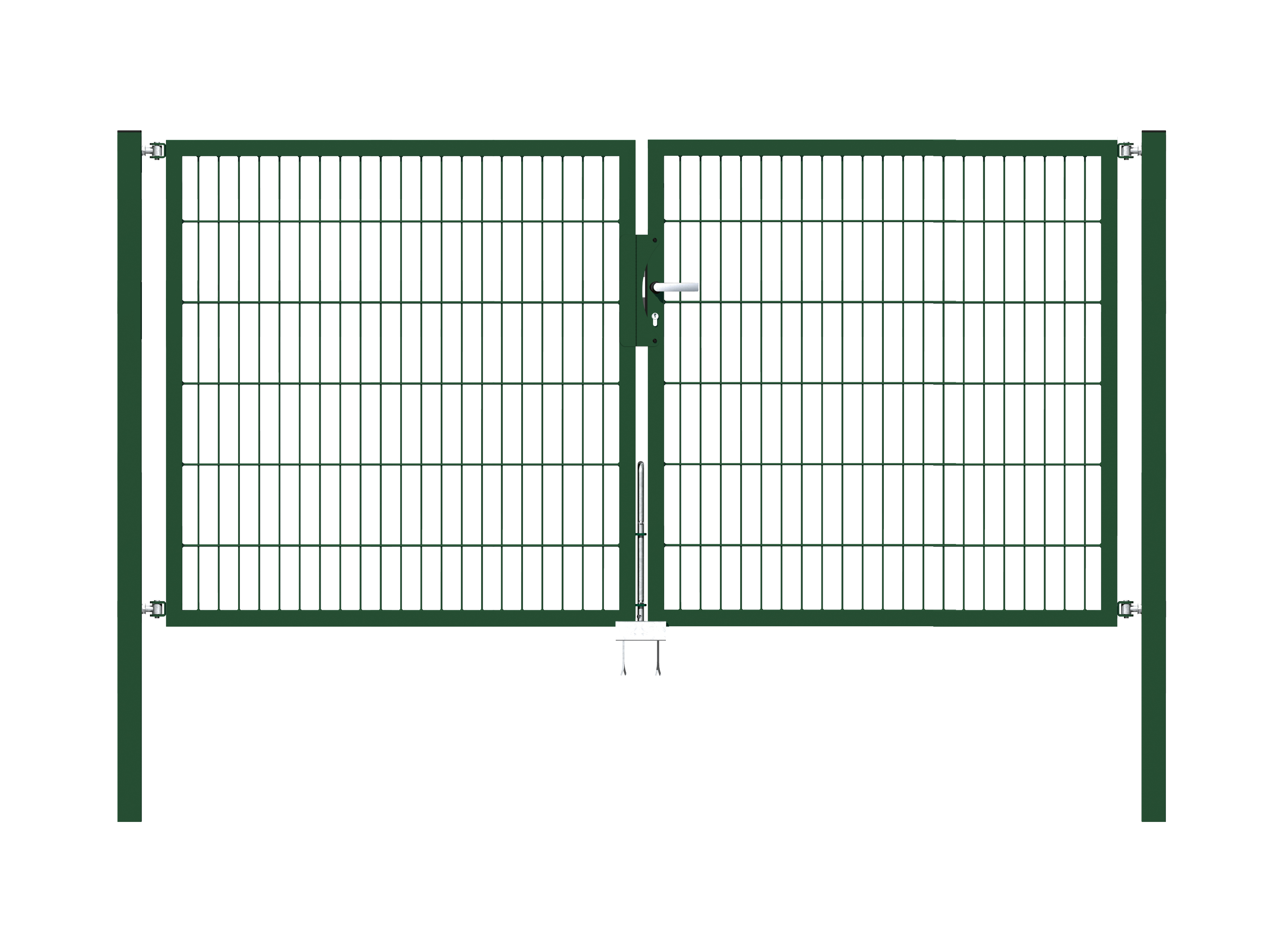 Cancello a due ante Flexo, tipo 6/5/6, Materiale: acciaio grezzo, superficie: zincata a caldo, plastificata nero opaco RAL 9005, da cementare, Larghezza nominale: 2500 mm, larghezza netta: 2500 mm, Larghezza totale: 2384 mm, Larghezza anta di cancello: 1175 mm, Larghezza seconda anta di cancello: 1175 mm, altezza: 1200 mm, Lunghezza pilastro: 1700 mm, Spessore pilastro: 60 x 60 mm, Spessore telaio: 40 x 40 mm, larghezza delle maglie: 50 x 200 mm, Suddivisione larghezza cancello: diviso al centro, 15 anni di garanzia contro la formazione di ruggine