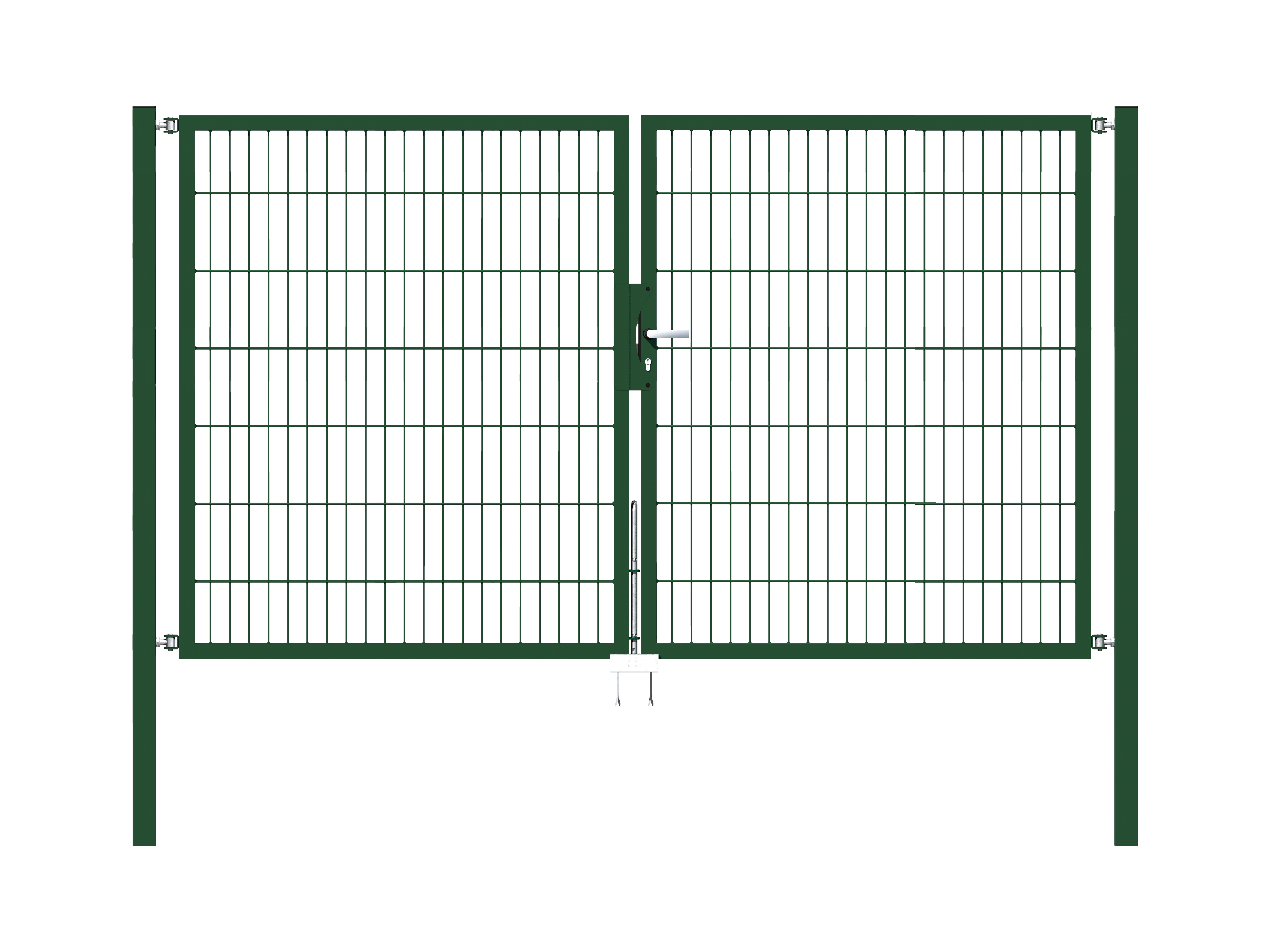 Cancello a due ante Flexo, tipo 6/5/6, Materiale: acciaio grezzo, superficie: zincata a caldo, plastificata nero opaco RAL 9005, da cementare, Larghezza nominale: 2500 mm, larghezza netta: 2500 mm, Larghezza totale: 2384 mm, Larghezza anta di cancello: 1175 mm, Larghezza seconda anta di cancello: 1175 mm, altezza: 1400 mm, Lunghezza pilastro: 1900 mm, Spessore pilastro: 60 x 60 mm, Spessore telaio: 40 x 40 mm, larghezza delle maglie: 50 x 200 mm, Suddivisione larghezza cancello: diviso al centro, 15 anni di garanzia contro la formazione di ruggine