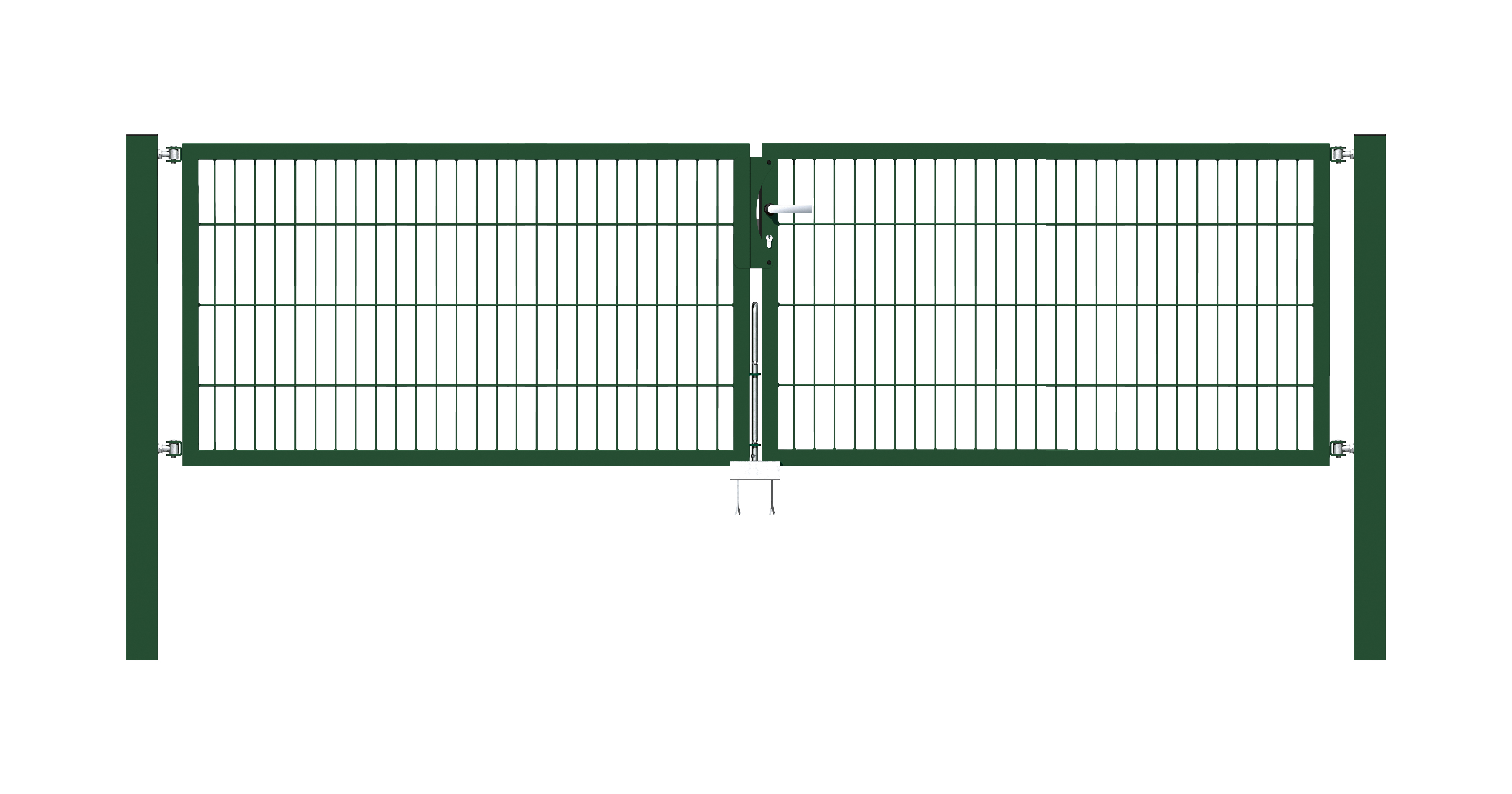 Cancello a due ante Flexo, tipo 6/5/6, Materiale: acciaio grezzo, superficie: zincata a caldo, plastificata nero opaco RAL 9005, da cementare, Larghezza nominale: 3000 mm, larghezza netta: 3000 mm, Larghezza totale: 2884 mm, Larghezza anta di cancello: 1425 mm, Larghezza seconda anta di cancello: 1425 mm, altezza: 800 mm, Lunghezza pilastro: 1500 mm, Spessore pilastro: 80 x 80 mm, Spessore telaio: 40 x 40 mm, larghezza delle maglie: 50 x 200 mm, Suddivisione larghezza cancello: diviso al centro, 15 anni di garanzia contro la formazione di ruggine