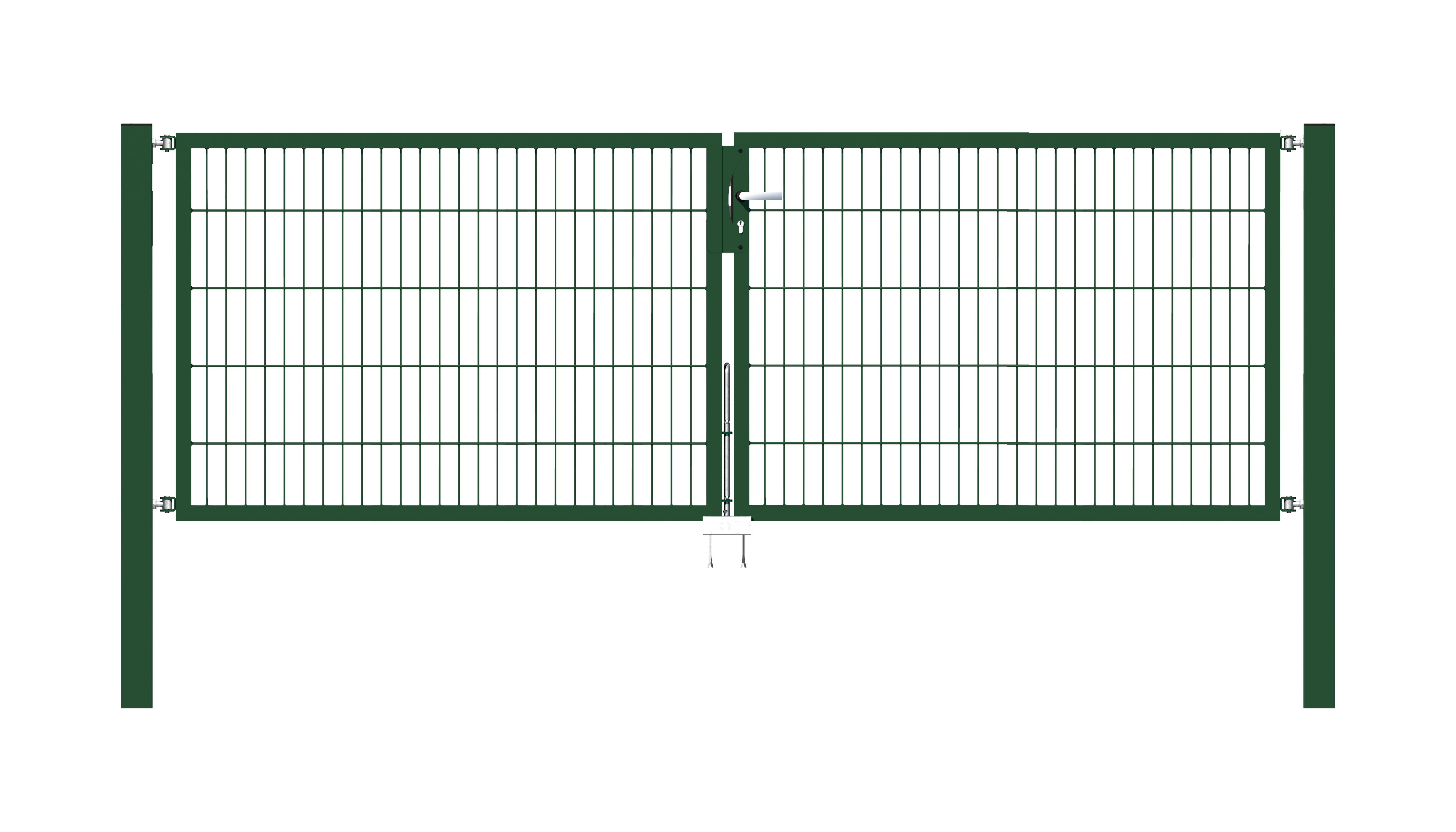 Cancello a due ante Flexo, tipo 6/5/6, Materiale: acciaio grezzo, superficie: zincata a caldo, plastificata nero opaco RAL 9005, da cementare, Larghezza nominale: 3000 mm, larghezza netta: 3000 mm, Larghezza totale: 2884 mm, Larghezza anta di cancello: 1425 mm, Larghezza seconda anta di cancello: 1425 mm, altezza: 1000 mm, Lunghezza pilastro: 1700 mm, Spessore pilastro: 80 x 80 mm, Spessore telaio: 40 x 40 mm, larghezza delle maglie: 50 x 200 mm, Suddivisione larghezza cancello: diviso al centro, 15 anni di garanzia contro la formazione di ruggine