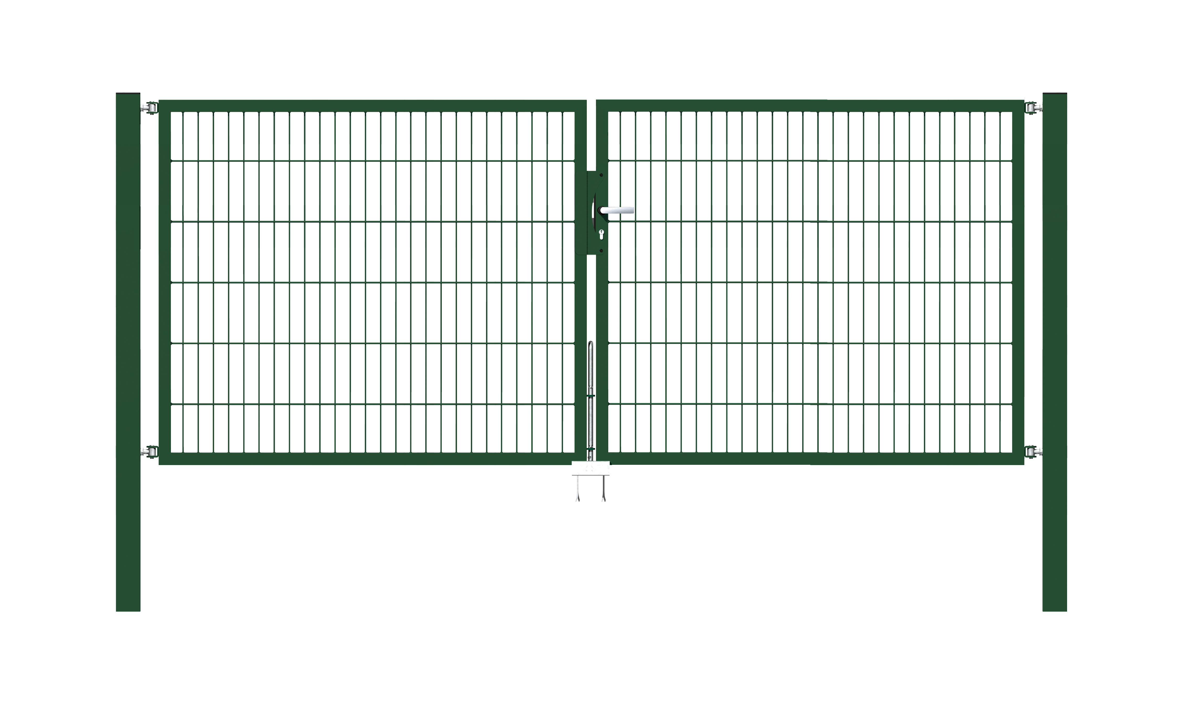 Cancello a due ante Flexo, tipo 6/5/6, Materiale: acciaio grezzo, superficie: zincata a caldo, plastificata nero opaco RAL 9005, da cementare, Larghezza nominale: 3000 mm, larghezza netta: 3000 mm, Larghezza totale: 2884 mm, Larghezza anta di cancello: 1425 mm, Larghezza seconda anta di cancello: 1425 mm, altezza: 1200 mm, Lunghezza pilastro: 1900 mm, Spessore pilastro: 80 x 80 mm, Spessore telaio: 40 x 40 mm, larghezza delle maglie: 50 x 200 mm, Suddivisione larghezza cancello: diviso al centro, 15 anni di garanzia contro la formazione di ruggine