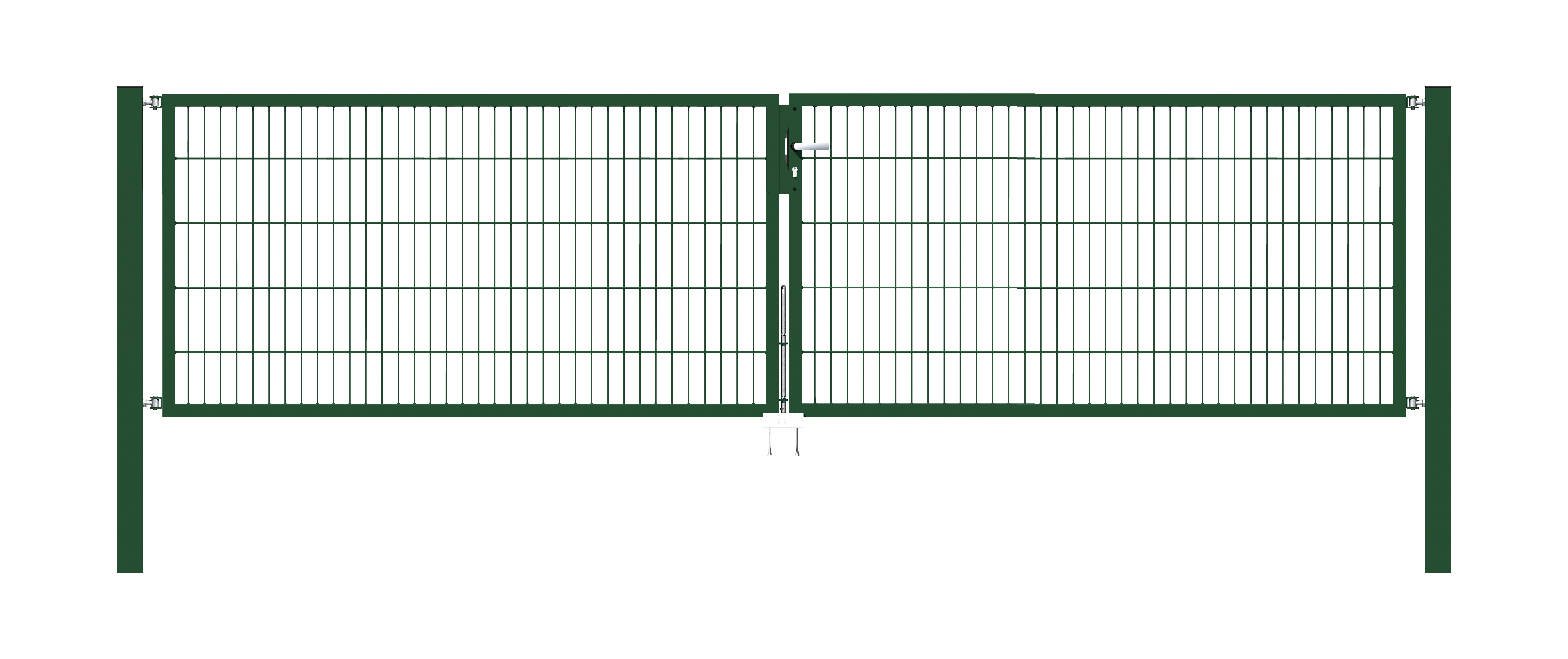 Cancello a due ante Flexo, tipo 6/5/6, Materiale: acciaio grezzo, superficie: zincata a caldo, plastificata nero opaco RAL 9005, da cementare, Larghezza nominale: 4000 mm, larghezza netta: 4000 mm, Larghezza totale: 3884 mm, Larghezza anta di cancello: 1925 mm, Larghezza seconda anta di cancello: 1925 mm, altezza: 1000 mm, Lunghezza pilastro: 1700 mm, Spessore pilastro: 80 x 80 mm, Spessore telaio: 40 x 40 mm, larghezza delle maglie: 50 x 200 mm, Suddivisione larghezza cancello: diviso al centro, 15 anni di garanzia contro la formazione di ruggine