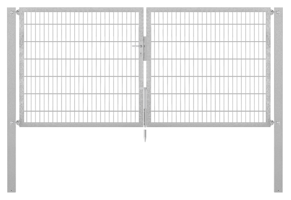 Doppeltor Flexo Plus, Typ 8/6/8, Material: Stahl roh, Oberfläche: feuerverzinkt passiviert, zum Einbetonieren, Ausführung: mittig geteilt, Nennbreite: 3000 mm, lichte Breite: 3000 mm, Durchgangsbreite: 3000 mm, Rahmenbreite Schließflügel: 1432 mm, Rahmenbreite Zweitflügel: 1432 mm, Höhe: 1400 mm, Pfostenlänge: 2100 mm, Pfostenstärke: 100 x 100 mm, Rahmenstärke: 60 x 40 mm, Maschenweite: 50 x 200 mm, 15 Jahre Garantie gegen Durchrosten