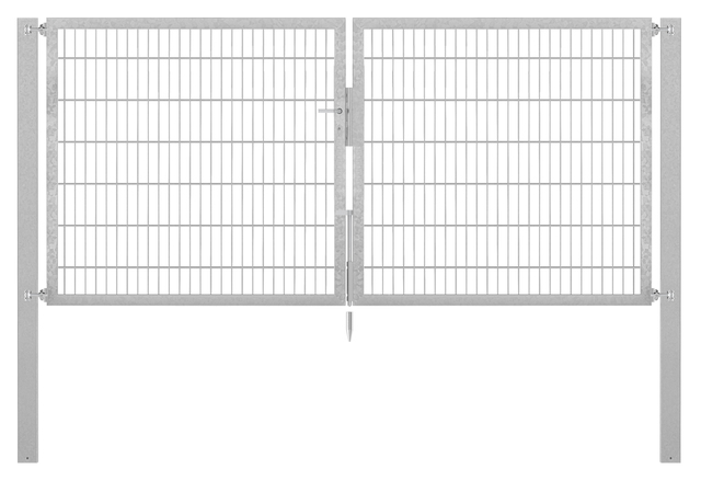 Doppeltor Flexo Plus, schwer, Material: Stahl roh, Oberfläche: feuerverzinkt passiviert, zum Einbetonieren, Ausführung: mittig geteilt, Nennbreite: 3000 mm, lichte Breite: 3000 mm, Durchgangsbreite: 3000 mm, Rahmenbreite Schließflügel: 1432 mm, Rahmenbreite Zweitflügel: 1432 mm, Höhe: 1400 mm, Pfostenlänge: 2100 mm, Pfostenstärke: 100 x 100 mm, Rahmenstärke: 60 x 40 mm, Maschenweite: 50 x 200 mm, 15 Jahre Garantie gegen Durchrosten