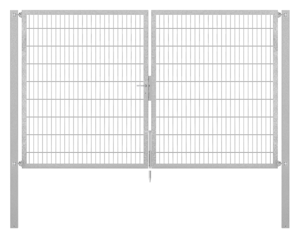 Doppeltor Flexo Plus, Typ 8/6/8, Material: Stahl roh, Oberfläche: feuerverzinkt passiviert, zum Einbetonieren, Ausführung: mittig geteilt, Nennbreite: 3000 mm, lichte Breite: 3000 mm, Durchgangsbreite: 3000 mm, Rahmenbreite Schließflügel: 1432 mm, Rahmenbreite Zweitflügel: 1432 mm, Höhe: 1800 mm, Pfostenlänge: 2500 mm, Pfostenstärke: 100 x 100 mm, Rahmenstärke: 60 x 40 mm, Maschenweite: 50 x 200 mm, 15 Jahre Garantie gegen Durchrosten