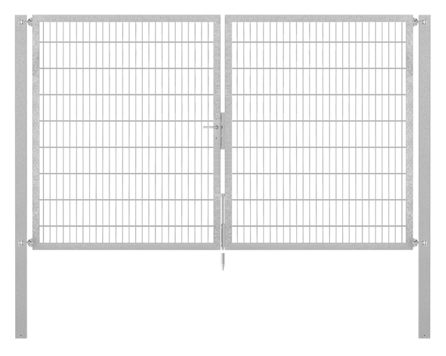 Doppeltor Flexo Plus, Typ 8/6/8, Material: Stahl roh, Oberfläche: feuerverzinkt passiviert, zum Einbetonieren, Ausführung: mittig geteilt, Nennbreite: 3000 mm, lichte Breite: 3000 mm, Durchgangsbreite: 3000 mm, Rahmenbreite Schließflügel: 1432 mm, Rahmenbreite Zweitflügel: 1432 mm, Höhe: 1800 mm, Pfostenlänge: 2500 mm, Pfostenstärke: 100 x 100 mm, Rahmenstärke: 60 x 40 mm, Maschenweite: 50 x 200 mm, 15 Jahre Garantie gegen Durchrosten