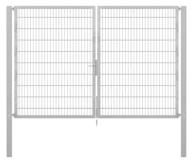 Doppeltor Flexo Plus, schwer, Material: Stahl roh, Oberfläche: feuerverzinkt passiviert, zum Einbetonieren, Ausführung: mittig geteilt, Nennbreite: 3000 mm, lichte Breite: 3000 mm, Durchgangsbreite: 3000 mm, Rahmenbreite Schließflügel: 1432 mm, Rahmenbreite Zweitflügel: 1432 mm, Höhe: 2000 mm, Pfostenlänge: 2700 mm, Pfostenstärke: 100 x 100 mm, Rahmenstärke: 60 x 40 mm, Maschenweite: 50 x 200 mm, 15 Jahre Garantie gegen Durchrosten