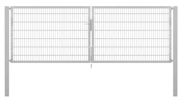 Doppeltor Flexo Plus, Typ 8/6/8, Material: Stahl roh, Oberfläche: feuerverzinkt passiviert, zum Einbetonieren, Ausführung: mittig geteilt, Nennbreite: 4000 mm, lichte Breite: 4000 mm, Durchgangsbreite: 4000 mm, Rahmenbreite Schließflügel: 1932 mm, Rahmenbreite Zweitflügel: 1932 mm, Höhe: 1400 mm, Pfostenlänge: 2100 mm, Pfostenstärke: 100 x 100 mm, Rahmenstärke: 60 x 40 mm, Maschenweite: 50 x 200 mm, 15 Jahre Garantie gegen Durchrosten