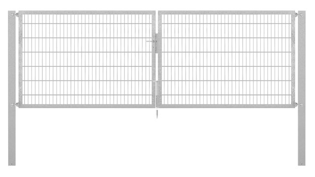 Doppeltor Flexo Plus, schwer, Material: Stahl roh, Oberfläche: feuerverzinkt passiviert, zum Einbetonieren, Ausführung: mittig geteilt, Nennbreite: 4000 mm, lichte Breite: 4000 mm, Durchgangsbreite: 4000 mm, Rahmenbreite Schließflügel: 1932 mm, Rahmenbreite Zweitflügel: 1932 mm, Höhe: 1400 mm, Pfostenlänge: 2100 mm, Pfostenstärke: 100 x 100 mm, Rahmenstärke: 60 x 40 mm, Maschenweite: 50 x 200 mm, 15 Jahre Garantie gegen Durchrosten