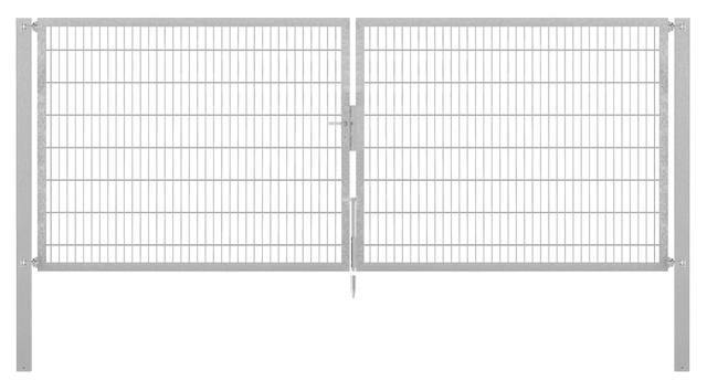 Doppeltor Flexo Plus, schwer, Material: Stahl roh, Oberfläche: feuerverzinkt passiviert, zum Einbetonieren, Ausführung: mittig geteilt, Nennbreite: 4000 mm, lichte Breite: 4000 mm, Durchgangsbreite: 4000 mm, Rahmenbreite Schließflügel: 1932 mm, Rahmenbreite Zweitflügel: 1932 mm, Höhe: 1800 mm, Pfostenlänge: 2500 mm, Pfostenstärke: 100 x 100 mm, Rahmenstärke: 60 x 40 mm, Maschenweite: 50 x 200 mm, 15 Jahre Garantie gegen Durchrosten