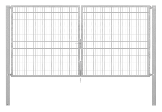 Doppeltor Flexo Plus, schwer, Material: Stahl roh, Oberfläche: feuerverzinkt passiviert, zum Einbetonieren, Ausführung: mittig geteilt, Nennbreite: 4000 mm, lichte Breite: 4000 mm, Durchgangsbreite: 4000 mm, Rahmenbreite Schließflügel: 1932 mm, Rahmenbreite Zweitflügel: 1932 mm, Höhe: 2000 mm, Pfostenlänge: 2700 mm, Pfostenstärke: 100 x 100 mm, Rahmenstärke: 60 x 40 mm, Maschenweite: 50 x 200 mm, 15 Jahre Garantie gegen Durchrosten