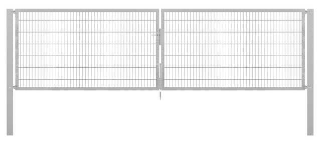 Doppeltor Flexo Plus, schwer, Material: Stahl roh, Oberfläche: feuerverzinkt passiviert, zum Einbetonieren, Ausführung: mittig geteilt, Nennbreite: 5000 mm, lichte Breite: 5000 mm, Durchgangsbreite: 5000 mm, Rahmenbreite Schließflügel: 2432 mm, Rahmenbreite Zweitflügel: 2432 mm, Höhe: 1400 mm, Pfostenlänge: 2100 mm, Pfostenstärke: 100 x 100 mm, Rahmenstärke: 60 x 40 mm, Maschenweite: 50 x 200 mm, 15 Jahre Garantie gegen Durchrosten