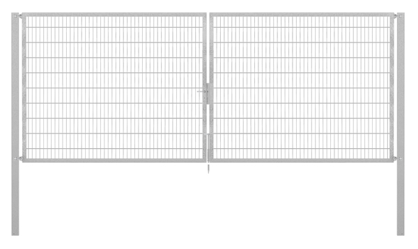 Doppeltor Flexo Plus, Typ 8/6/8, Material: Stahl roh, Oberfläche: feuerverzinkt passiviert, zum Einbetonieren, Ausführung: mittig geteilt, Nennbreite: 5000 mm, lichte Breite: 5000 mm, Durchgangsbreite: 5000 mm, Rahmenbreite Schließflügel: 2432 mm, Rahmenbreite Zweitflügel: 2432 mm, Höhe: 2000 mm, Pfostenlänge: 2700 mm, Pfostenstärke: 100 x 100 mm, Rahmenstärke: 60 x 40 mm, Maschenweite: 50 x 200 mm, 15 Jahre Garantie gegen Durchrosten