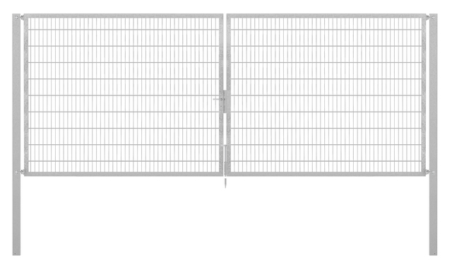 Doppeltor Flexo Plus, schwer, Material: Stahl roh, Oberfläche: feuerverzinkt passiviert, zum Einbetonieren, Ausführung: mittig geteilt, Nennbreite: 5000 mm, lichte Breite: 5000 mm, Durchgangsbreite: 5000 mm, Rahmenbreite Schließflügel: 2432 mm, Rahmenbreite Zweitflügel: 2432 mm, Höhe: 2000 mm, Pfostenlänge: 2700 mm, Pfostenstärke: 100 x 100 mm, Rahmenstärke: 60 x 40 mm, Maschenweite: 50 x 200 mm, 15 Jahre Garantie gegen Durchrosten