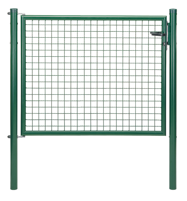 Wellengitter-Einzeltor, Material: Stahl roh, Oberfläche: zinkphosphatiert, grün kunststoffbeschichtet RAL 6005, zum Einbetonieren, Nennbreite: 1250 mm, lichte Breite: 1190 mm, Breite von Mitte zu Mitte Pfosten: 1250 mm, Höhe: 1000 mm, Pfostenlänge: 1500 mm, Pfosten-Ø: 60 mm, Rahmenbreite: 1130 mm, Rahmenstärke-Ø: 42 mm, Material Füllung: 50 x 50 x 4 mm, 10 Jahre Garantie gegen Durchrosten