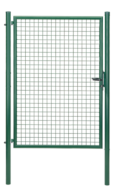 Wellengitter-Einzeltor, Material: Stahl roh, Oberfläche: zinkphosphatiert, grün kunststoffbeschichtet RAL 6005, zum Einbetonieren, Nennbreite: 1250 mm, lichte Breite: 1210 mm, Breite von Mitte zu Mitte Pfosten: 1270 mm, Höhe: 1750 mm, Pfostenlänge: 2250 mm, Pfosten-Ø: 60 mm, Rahmenbreite: 1130 mm, Rahmenstärke-Ø: 42 mm, Material Füllung: 50 x 50 x 4 mm, 10 Jahre Garantie gegen Durchrosten