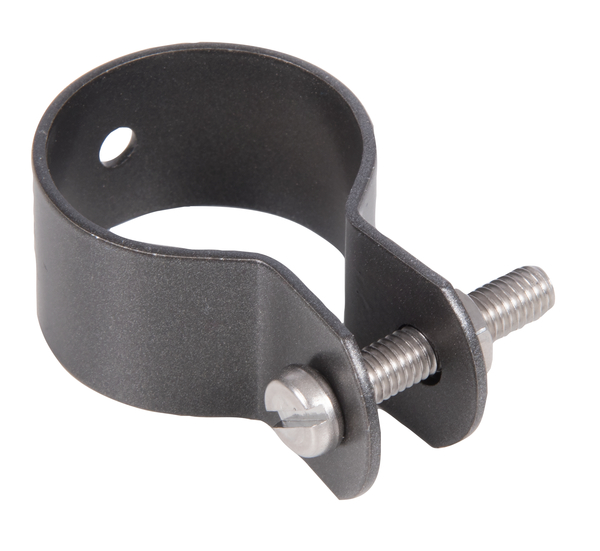 Ring clip for fixing braces to posts, Material: raw steel, Surface: galvanised, anthracite-metallic powder-coated, Width: 22 mm, Circlip dia.: 38 mm, Material thickness: 1.50 mm, Screw: M6, Screw length: 30 mm, Hole: Ø7 mm, 15-year warranty against rusting through