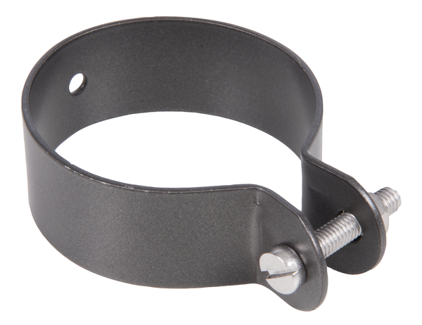 Ring clip for fixing braces to posts, Material: raw steel, Surface: galvanised, anthracite-metallic powder-coated, Width: 25 mm, Circlip dia.: 60 mm, Material thickness: 1.50 mm, Screw: M6, Screw length: 30 mm, Hole: Ø7 mm, 15-year warranty against rusting through