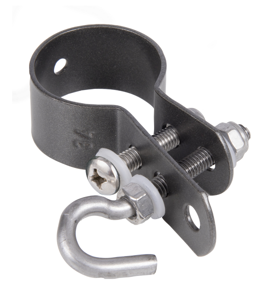 Schelle zur Befestigung von Geflechtspannstäben, Material: Stahl roh, Oberfläche: verzinkt, anthrazit-metallic kunststoffbeschichtet, Schellen-Ø: 38 mm, 15 Jahre Garantie gegen Durchrosten