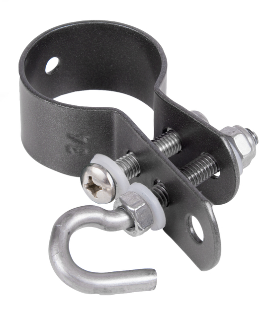 Schelle zur Befestigung von Geflechtspannstäben, Material: Stahl roh, Oberfläche: verzinkt, anthrazit-metallic kunststoffbeschichtet, Schellen-Ø: 34 mm, 15 Jahre Garantie gegen Durchrosten