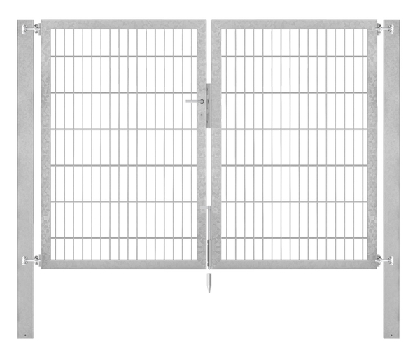 Doppeltor Flexo Plus, Typ 8/6/8, Material: Stahl roh, Oberfläche: feuerverzinkt passiviert, zum Einbetonieren, Ausführung: mittig geteilt, Nennbreite: 2000 mm, lichte Breite: 1979 mm, Durchgangsbreite: 1979 mm, Rahmenbreite Schließflügel: 922 mm, Rahmenbreite Zweitflügel: 922 mm, Höhe: 1400 mm, Pfostenlänge: 2100 mm, Pfostenstärke: 80 x 80 mm, Rahmenstärke: 60 x 40 mm, Maschenweite: 50 x 200 mm, 15 Jahre Garantie gegen Durchrosten, Setinhaltsangabe separat