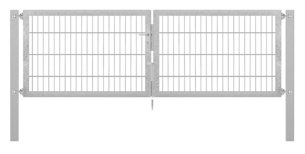 Doppeltor Flexo Plus, Typ 8/6/8, Material: Stahl roh, Oberfläche: feuerverzinkt passiviert, zum Einbetonieren, Ausführung: mittig geteilt, Nennbreite: 2500 mm, lichte Breite: 2500 mm, Durchgangsbreite: 2500 mm, Rahmenbreite Schließflügel: 1182 mm, Rahmenbreite Zweitflügel: 1182 mm, Höhe: 800 mm, Pfostenlänge: 1500 mm, Pfostenstärke: 80 x 80 mm, Rahmenstärke: 60 x 40 mm, Maschenweite: 50 x 200 mm, 15 Jahre Garantie gegen Durchrosten, Setinhaltsangabe separat