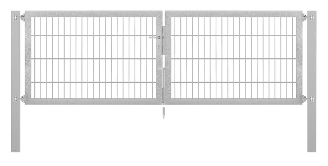 Doppeltor Flexo Plus, schwer, Material: Stahl roh, Oberfläche: feuerverzinkt passiviert, zum Einbetonieren, Ausführung: mittig geteilt, Nennbreite: 2500 mm, lichte Breite: 2500 mm, Durchgangsbreite: 2500 mm, Rahmenbreite Schließflügel: 1182 mm, Rahmenbreite Zweitflügel: 1182 mm, Höhe: 800 mm, Pfostenlänge: 1500 mm, Pfostenstärke: 80 x 80 mm, Rahmenstärke: 60 x 40 mm, Maschenweite: 50 x 200 mm, 15 Jahre Garantie gegen Durchrosten, Setinhaltsangabe separat