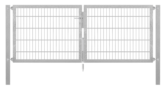 Doppeltor Flexo Plus, schwer, Material: Stahl roh, Oberfläche: feuerverzinkt passiviert, zum Einbetonieren, Ausführung: mittig geteilt, Nennbreite: 2500 mm, lichte Breite: 2500 mm, Durchgangsbreite: 2500 mm, Rahmenbreite Schließflügel: 1182 mm, Rahmenbreite Zweitflügel: 1182 mm, Höhe: 1000 mm, Pfostenlänge: 1700 mm, Pfostenstärke: 80 x 80 mm, Rahmenstärke: 60 x 40 mm, Maschenweite: 50 x 200 mm, 15 Jahre Garantie gegen Durchrosten, Setinhaltsangabe separat