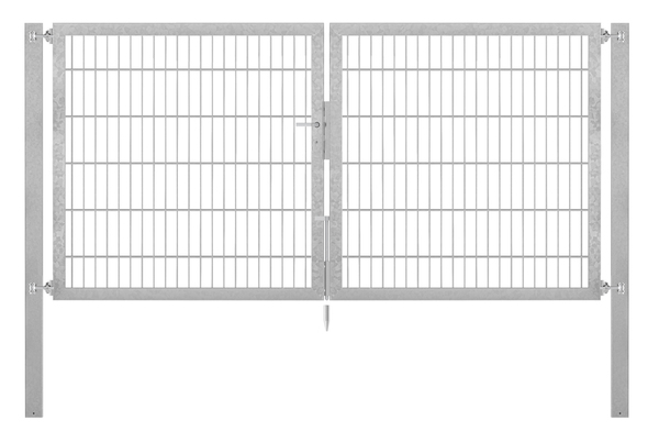 Doppeltor Flexo Plus, Typ 8/6/8, Material: Stahl roh, Oberfläche: feuerverzinkt passiviert, zum Einbetonieren, Ausführung: mittig geteilt, Nennbreite: 2500 mm, lichte Breite: 2500 mm, Durchgangsbreite: 2500 mm, Rahmenbreite Schließflügel: 1182 mm, Rahmenbreite Zweitflügel: 1182 mm, Höhe: 1200 mm, Pfostenlänge: 1900 mm, Pfostenstärke: 80 x 80 mm, Rahmenstärke: 60 x 40 mm, Maschenweite: 50 x 200 mm, 15 Jahre Garantie gegen Durchrosten, Setinhaltsangabe separat