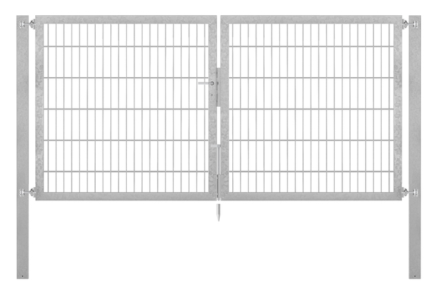 Doppeltor Flexo Plus, schwer, Material: Stahl roh, Oberfläche: feuerverzinkt passiviert, zum Einbetonieren, Ausführung: mittig geteilt, Nennbreite: 2500 mm, lichte Breite: 2500 mm, Durchgangsbreite: 2500 mm, Rahmenbreite Schließflügel: 1182 mm, Rahmenbreite Zweitflügel: 1182 mm, Höhe: 1200 mm, Pfostenlänge: 1900 mm, Pfostenstärke: 80 x 80 mm, Rahmenstärke: 60 x 40 mm, Maschenweite: 50 x 200 mm, 15 Jahre Garantie gegen Durchrosten, Setinhaltsangabe separat