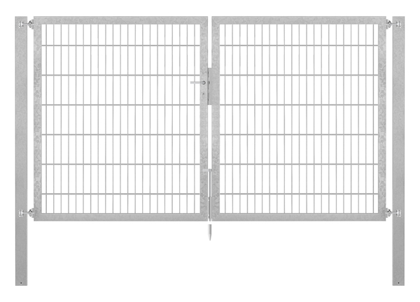 Doppeltor Flexo Plus, Typ 8/6/8, Material: Stahl roh, Oberfläche: feuerverzinkt passiviert, zum Einbetonieren, Ausführung: mittig geteilt, Nennbreite: 2500 mm, lichte Breite: 2500 mm, Durchgangsbreite: 2500 mm, Rahmenbreite Schließflügel: 1182 mm, Rahmenbreite Zweitflügel: 1182 mm, Höhe: 1400 mm, Pfostenlänge: 2100 mm, Pfostenstärke: 80 x 80 mm, Rahmenstärke: 60 x 40 mm, Maschenweite: 50 x 200 mm, 15 Jahre Garantie gegen Durchrosten, Setinhaltsangabe separat