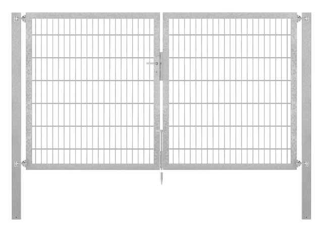 Doppeltor Flexo Plus, schwer, Material: Stahl roh, Oberfläche: feuerverzinkt passiviert, zum Einbetonieren, Ausführung: mittig geteilt, Nennbreite: 2500 mm, lichte Breite: 2500 mm, Durchgangsbreite: 2500 mm, Rahmenbreite Schließflügel: 1182 mm, Rahmenbreite Zweitflügel: 1182 mm, Höhe: 1400 mm, Pfostenlänge: 2100 mm, Pfostenstärke: 80 x 80 mm, Rahmenstärke: 60 x 40 mm, Maschenweite: 50 x 200 mm, 15 Jahre Garantie gegen Durchrosten, Setinhaltsangabe separat