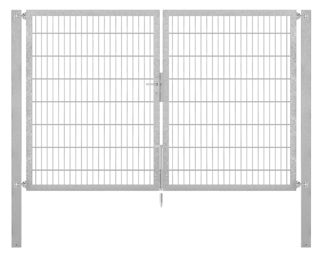 Doppeltor Flexo Plus, schwer, Material: Stahl roh, Oberfläche: feuerverzinkt passiviert, zum Einbetonieren, Ausführung: mittig geteilt, Nennbreite: 2500 mm, lichte Breite: 2500 mm, Durchgangsbreite: 2500 mm, Rahmenbreite Schließflügel: 1182 mm, Rahmenbreite Zweitflügel: 1182 mm, Höhe: 1600 mm, Pfostenlänge: 2300 mm, Pfostenstärke: 80 x 80 mm, Rahmenstärke: 60 x 40 mm, Maschenweite: 50 x 200 mm, 15 Jahre Garantie gegen Durchrosten, Setinhaltsangabe separat