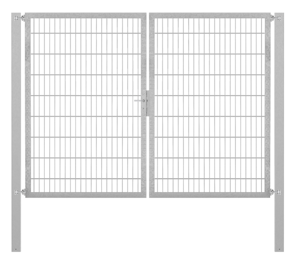 Doppeltor Flexo Plus, Typ 8/6/8, Material: Stahl roh, Oberfläche: feuerverzinkt passiviert, zum Einbetonieren, Ausführung: mittig geteilt, Nennbreite: 2500 mm, lichte Breite: 2500 mm, Durchgangsbreite: 2500 mm, Rahmenbreite Schließflügel: 1182 mm, Rahmenbreite Zweitflügel: 1182 mm, Höhe: 1800 mm, Pfostenlänge: 2500 mm, Pfostenstärke: 80 x 80 mm, Rahmenstärke: 60 x 40 mm, Maschenweite: 50 x 200 mm, 15 Jahre Garantie gegen Durchrosten, Setinhaltsangabe separat