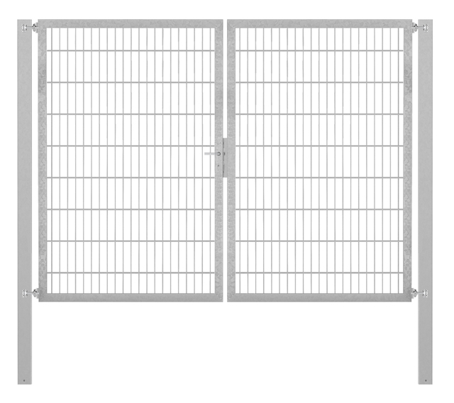 Doppeltor Flexo Plus, schwer, Material: Stahl roh, Oberfläche: feuerverzinkt passiviert, zum Einbetonieren, Ausführung: mittig geteilt, Nennbreite: 2500 mm, lichte Breite: 2500 mm, Durchgangsbreite: 2500 mm, Rahmenbreite Schließflügel: 1182 mm, Rahmenbreite Zweitflügel: 1182 mm, Höhe: 1800 mm, Pfostenlänge: 2500 mm, Pfostenstärke: 80 x 80 mm, Rahmenstärke: 60 x 40 mm, Maschenweite: 50 x 200 mm, 15 Jahre Garantie gegen Durchrosten, Setinhaltsangabe separat