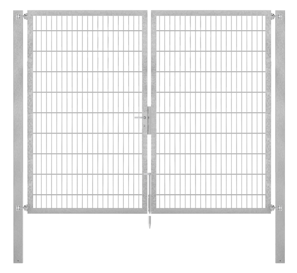 Doppeltor Flexo Plus, Typ 8/6/8, Material: Stahl roh, Oberfläche: feuerverzinkt passiviert, zum Einbetonieren, Ausführung: mittig geteilt, Nennbreite: 2500 mm, lichte Breite: 2500 mm, Durchgangsbreite: 2500 mm, Rahmenbreite Schließflügel: 1182 mm, Rahmenbreite Zweitflügel: 1182 mm, Höhe: 2000 mm, Pfostenlänge: 2700 mm, Pfostenstärke: 80 x 80 mm, Rahmenstärke: 60 x 40 mm, Maschenweite: 50 x 200 mm, 15 Jahre Garantie gegen Durchrosten, Setinhaltsangabe separat
