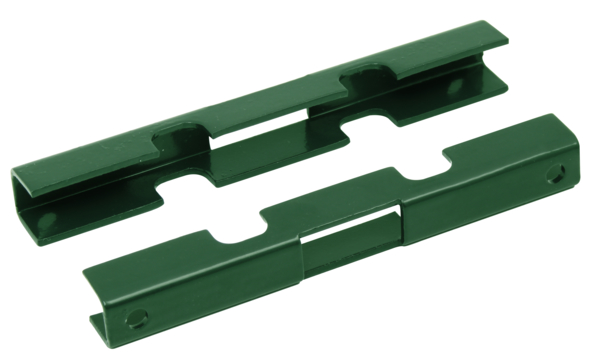 Mattenverbinder für Doppelstab-Gittermatten, Material: Stahl roh, Oberfläche: feuerverzinkt, grün kunststoffbeschichtet RAL 6005, Artikelbeschreibung: –, Ausführung: zweiteilig, Länge: 140 mm, Breite: 18 mm, Höhe: 15,5 mm, für Pfosten-Ø: 48 mm, Schraube: M8, Schraubenlänge: 80 mm, 15 Jahre Garantie gegen Durchrosten