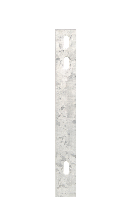 Flacheisen, Bohrabstand 200 mm, zur Befestigung von Doppelstab-Gittermatten an Zaunpfosten, Material: Stahl roh, Oberfläche: feuerverzinkt passiviert, Länge: 1645 mm, Breite: 40 mm, für Mattenhöhe: 1600 mm, Materialstärke: 4,00 mm, Anzahl Löcher: 9, Loch: 25 x 10 mm, 15 Jahre Garantie gegen Durchrosten