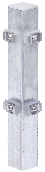 Corner post incl. clamping plate, drilling distance 400 mm, for fixing of double bar grating panels, the accessories for each post are included inside the delivery package, Material: raw steel, Surface: hot-dip galvanised, for setting in concrete, Length: 2400 mm, For mat height: 1800 mm, Post thickness: 60 x 60 mm, No. of holes: 12, 15-year warranty against rusting through