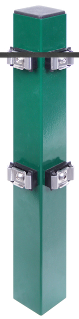 Palo angolare incl. placchetta, distanza tra i fori 400 mm, per il fissaggio di griglie con barra doppia, gli accessori vengono inviati all’interno di ogni palo, Materiale: acciaio grezzo, superficie: zincata sendzimir, plastificata nero opaco RAL 9005, da cementare, Lunghezza: 2000 mm, per panelli di recinzione di un'altezza di: 1400 mm, Spessore pilastro: 60 x 60 mm, Numero di fori: 10, 15 anni di garanzia contro la formazione di ruggine