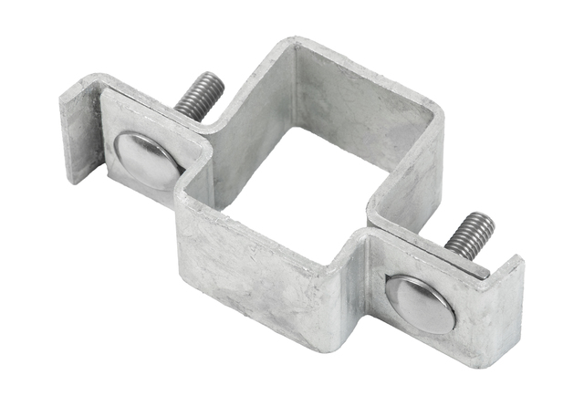 Mittelschelle für Vierkantpfosten, Material: Stahl roh, Oberfläche: feuerverzinkt, Ausführung: zweiteilig, für Pfosten: 60 x 40 mm, Schraube: M8, Schraubenlänge: 30 mm, 15 Jahre Garantie gegen Durchrosten