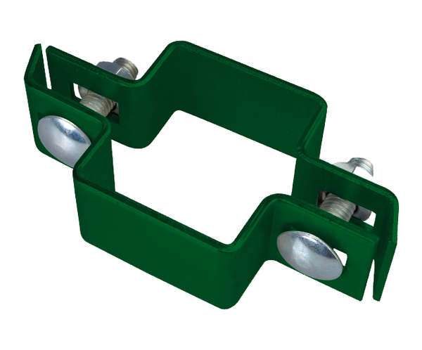 Obejma środkowa do słupka czworokątnego, materiał: stal surowa, powierzchnia: ocynkowana, zielona powłoka z tworzywa sztucznego RAL 6005, Wersja: dwuczęściowa, do słupka: 40 x 40 mm, Śruba: M8, Długość śruby: 30 mm, 15 lat gwarancji na przerdzewienie