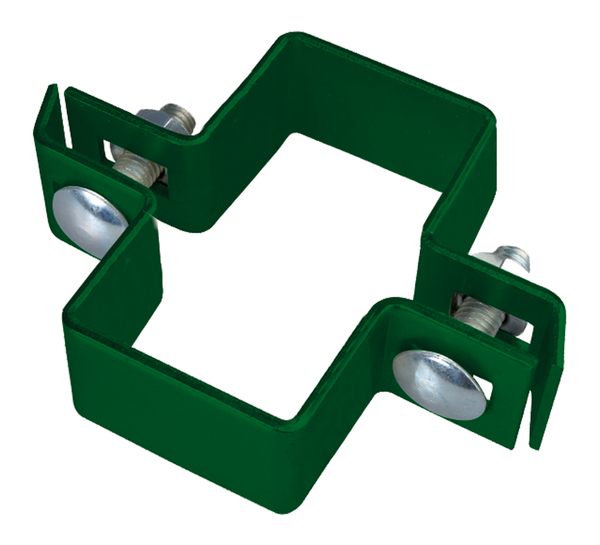 Obejma środkowa do słupka czworokątnego, materiał: stal surowa, powierzchnia: ocynkowana, zielona powłoka z tworzywa sztucznego RAL 6005, Wersja: dwuczęściowa, do słupka: 80 x 40 mm, Śruba: M8, Długość śruby: 30 mm, 15 lat gwarancji na przerdzewienie