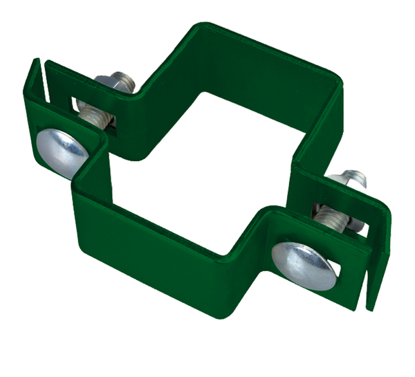 Obejma środkowa do słupka czworokątnego, materiał: stal surowa, powierzchnia: ocynkowana, zielona powłoka z tworzywa sztucznego RAL 6005, Wersja: dwuczęściowa, do słupka: 60 x 40 mm, Śruba: M8, Długość śruby: 30 mm, 15 lat gwarancji na przerdzewienie