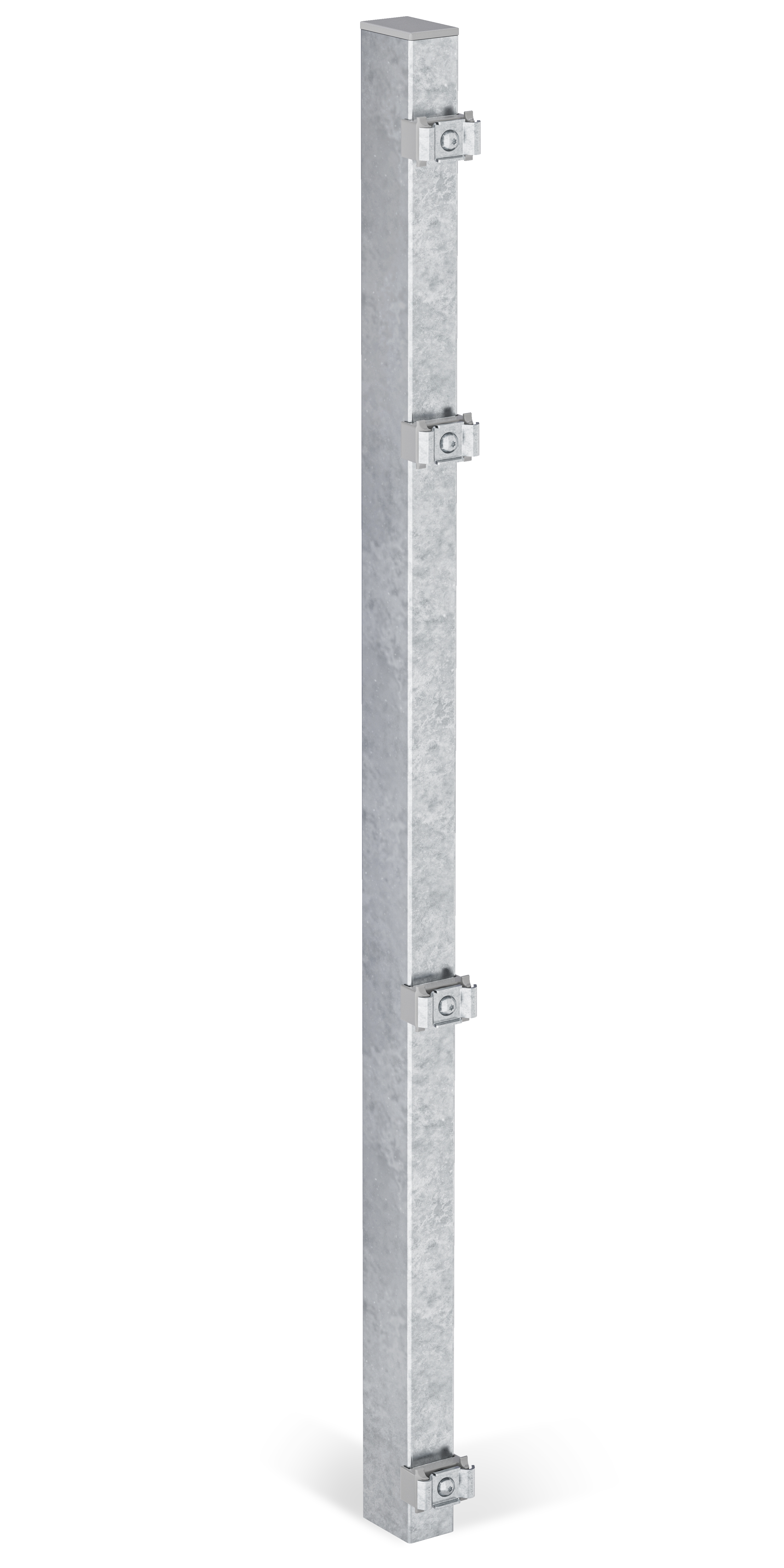 Zaunpfosten inkl. innenliegender Klemmlasche, verkürzt, Bohrabstand 400 mm, Zubehör innenliegend pro Pfosten, zur Befestigung mit Einschlag-Bodenhülsen oder Pfostenträgern, Material: Stahl roh, Oberfläche: feuerverzinkt, zum Aufschrauben, Länge: 1075 mm, für Mattenhöhe: 1000 mm, Pfostenstärke: 60 x 40 mm, Anzahl Löcher: 4, Loch: Ø12 mm, 15 Jahre Garantie gegen Durchrosten